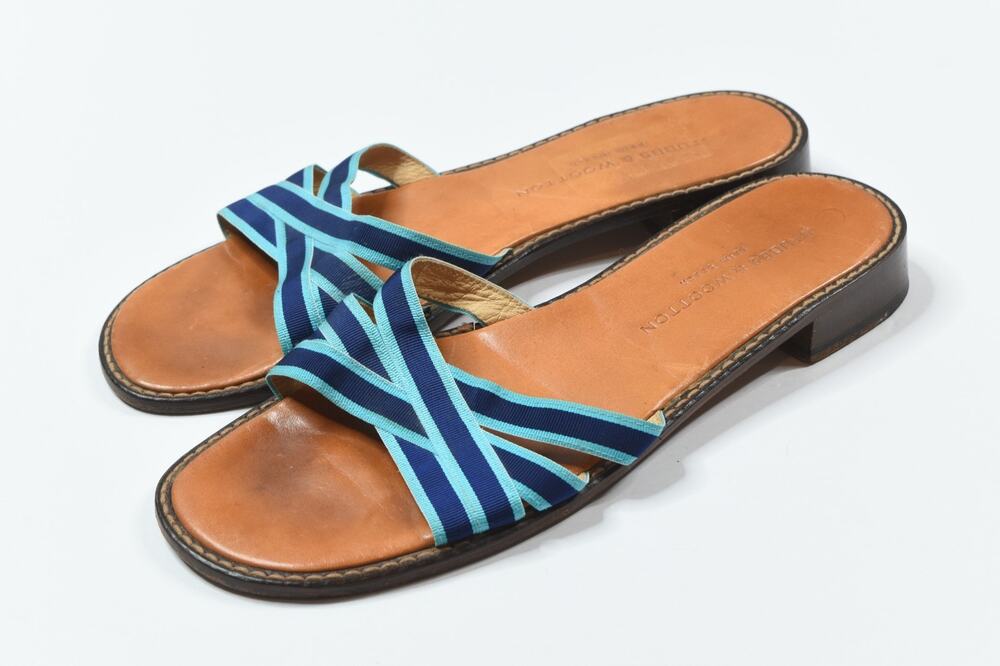Stubbs & Wooton Slide Sandals Womens 10.5 Blue Ribbon Straps Leather
